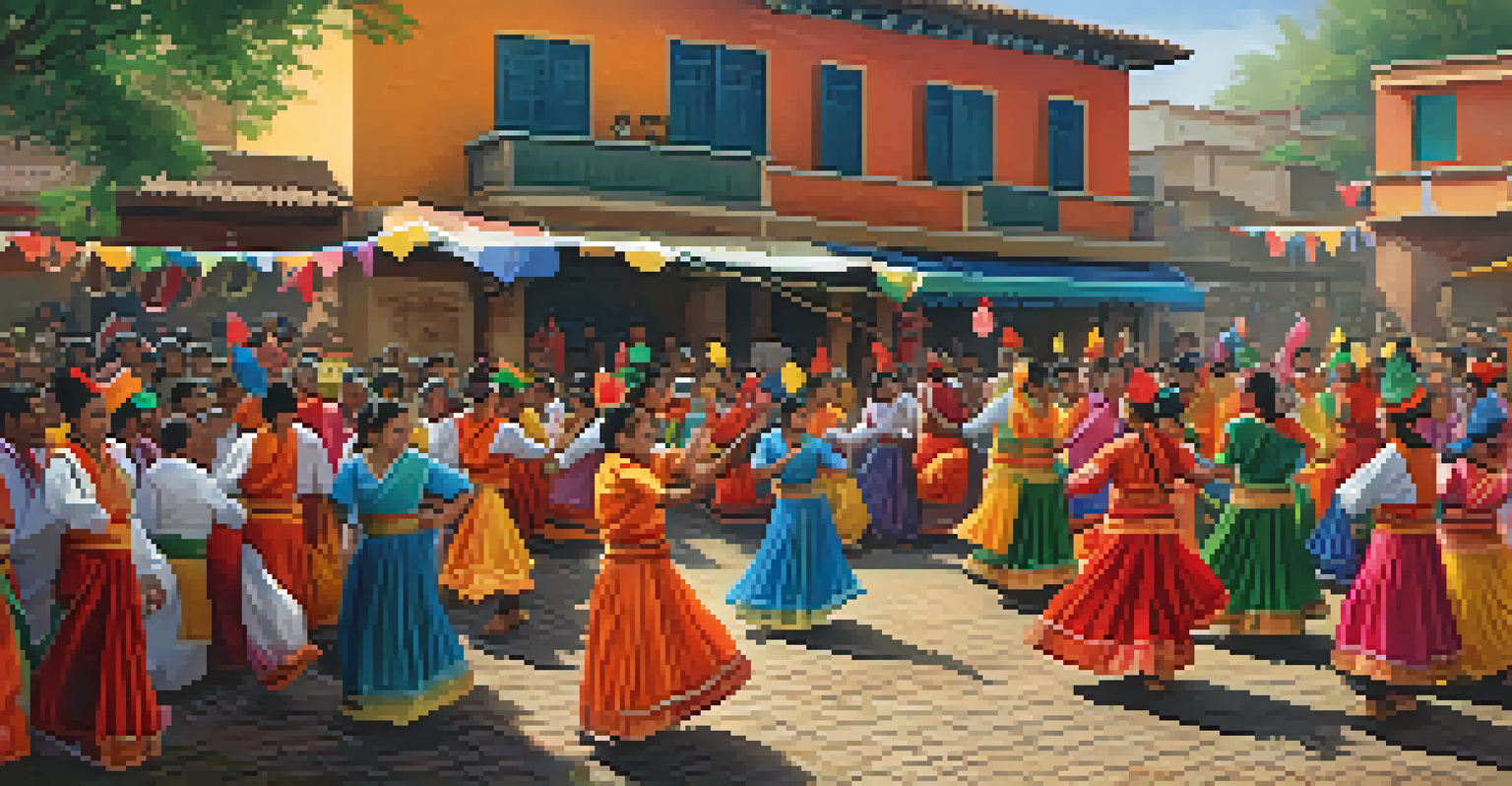 A vibrant traditional festival scene with people dancing in cultural attire and colorful decorations.
