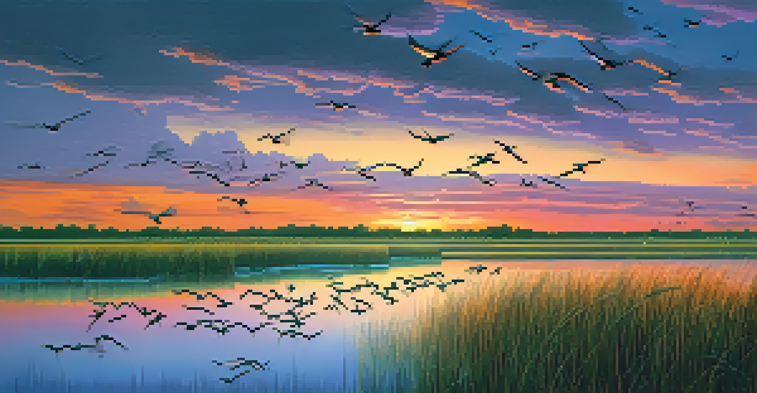 A beautiful sunset over the Everglades with a flock of shorebirds flying over the water, surrounded by tall grasses.