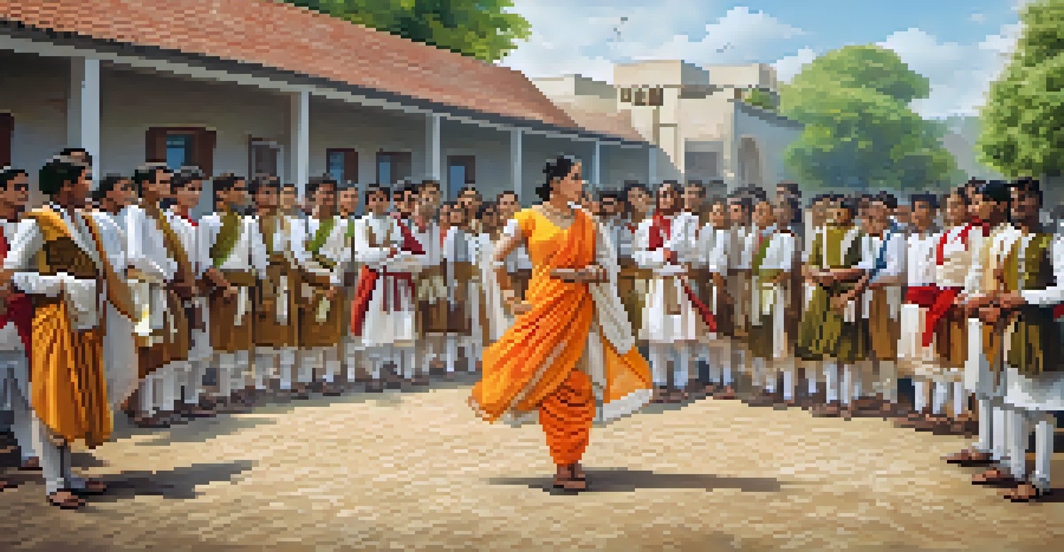 Students in a school courtyard dressed as historical figures from India's independence movement, performing a reenactment with props and flags.