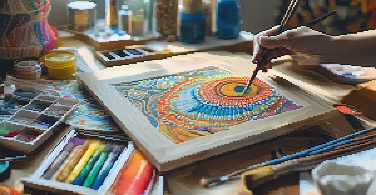 An artist's hands creating a mixed-media artwork, surrounded by art supplies and an unfinished colorful piece, illuminated by soft daylight.