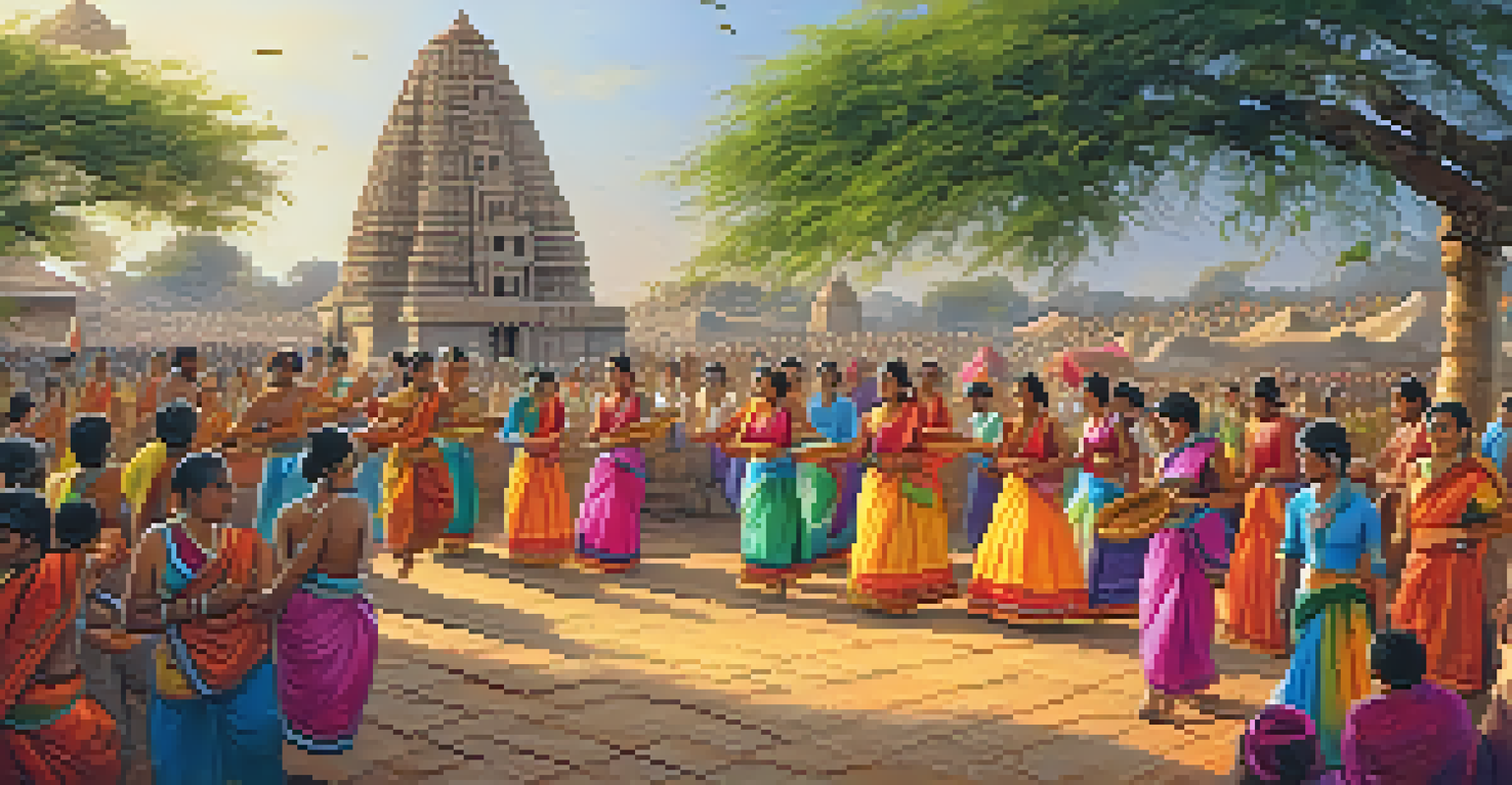 A lively scene from the Hampi Utsav festival with colorful traditional attire, musicians, and dancers next to ancient ruins.