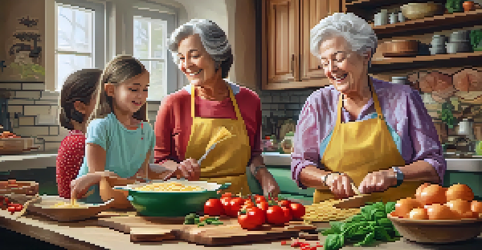 A grandmother and granddaughter cooking traditional Italian pasta in a cozy kitchen, surrounded by colorful ingredients and family photos.