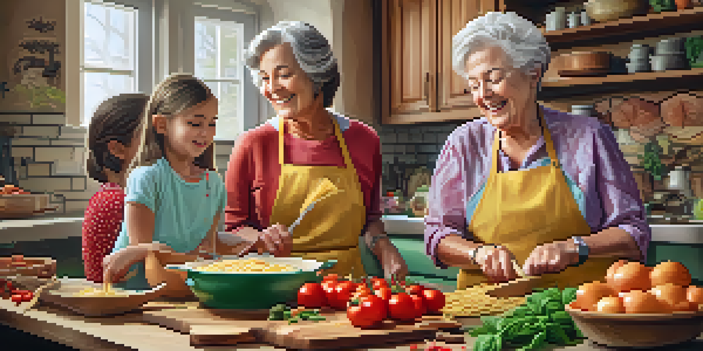 A grandmother and granddaughter cooking traditional Italian pasta in a cozy kitchen, surrounded by colorful ingredients and family photos.