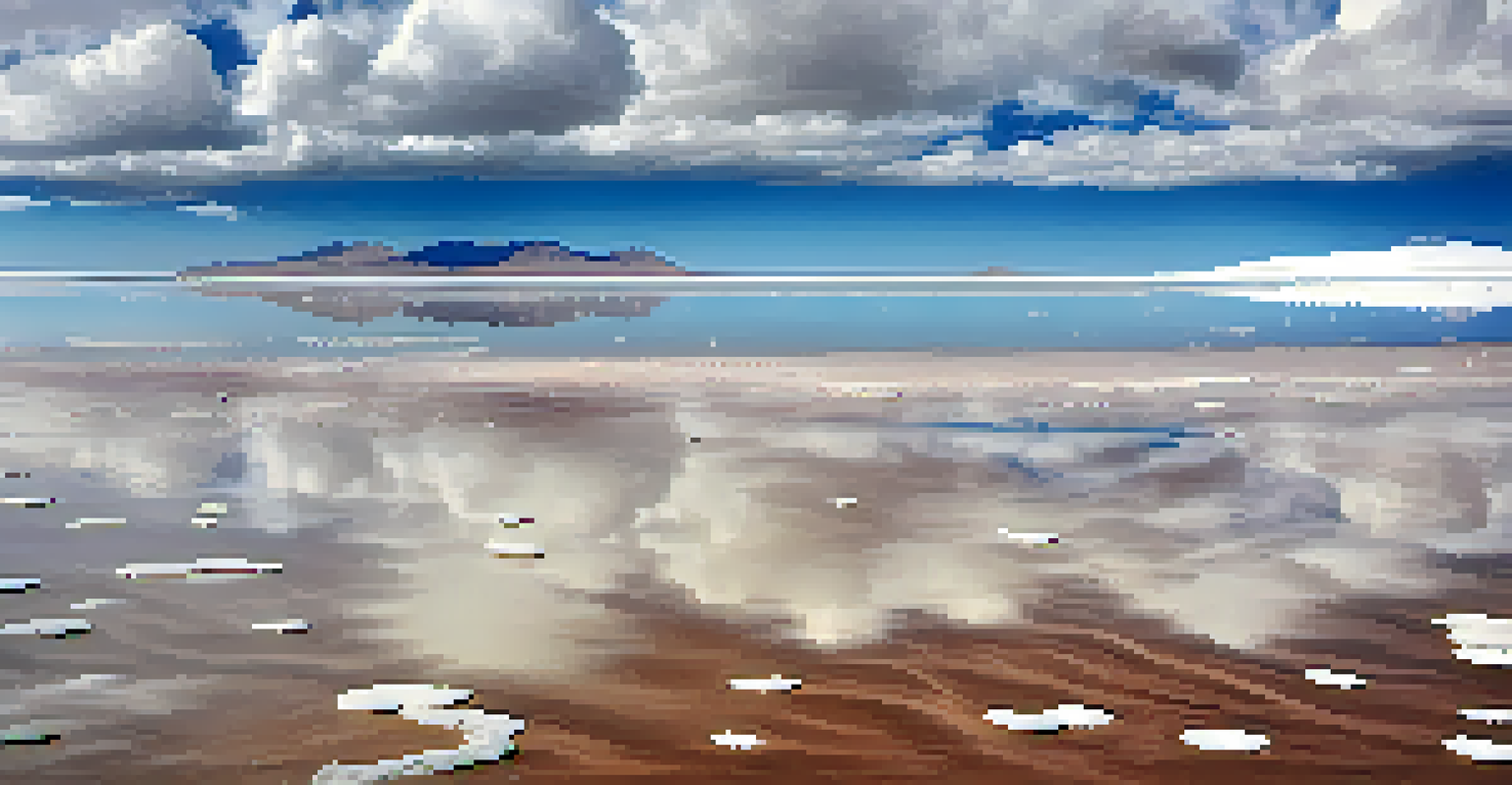 A mirror-like view of Salar de Uyuni in Bolivia with reflections of the sky and flamingos in the foreground.