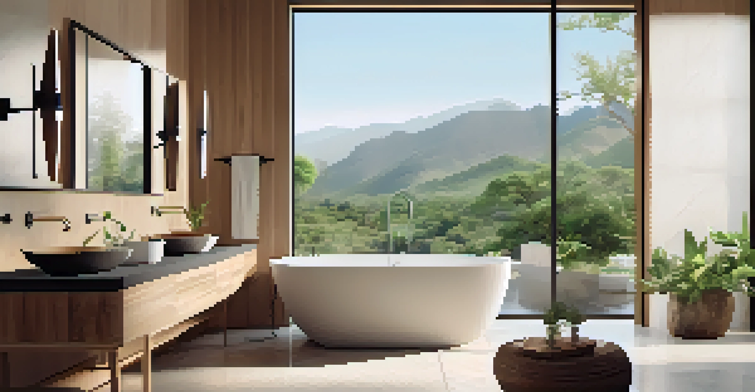 A luxurious bathroom in an eco-friendly resort with low-flow showerheads and natural light, showcasing sustainable design.