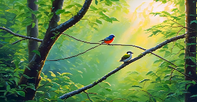 A tranquil forest with colorful songbirds on branches, illuminated by the soft light of dawn.