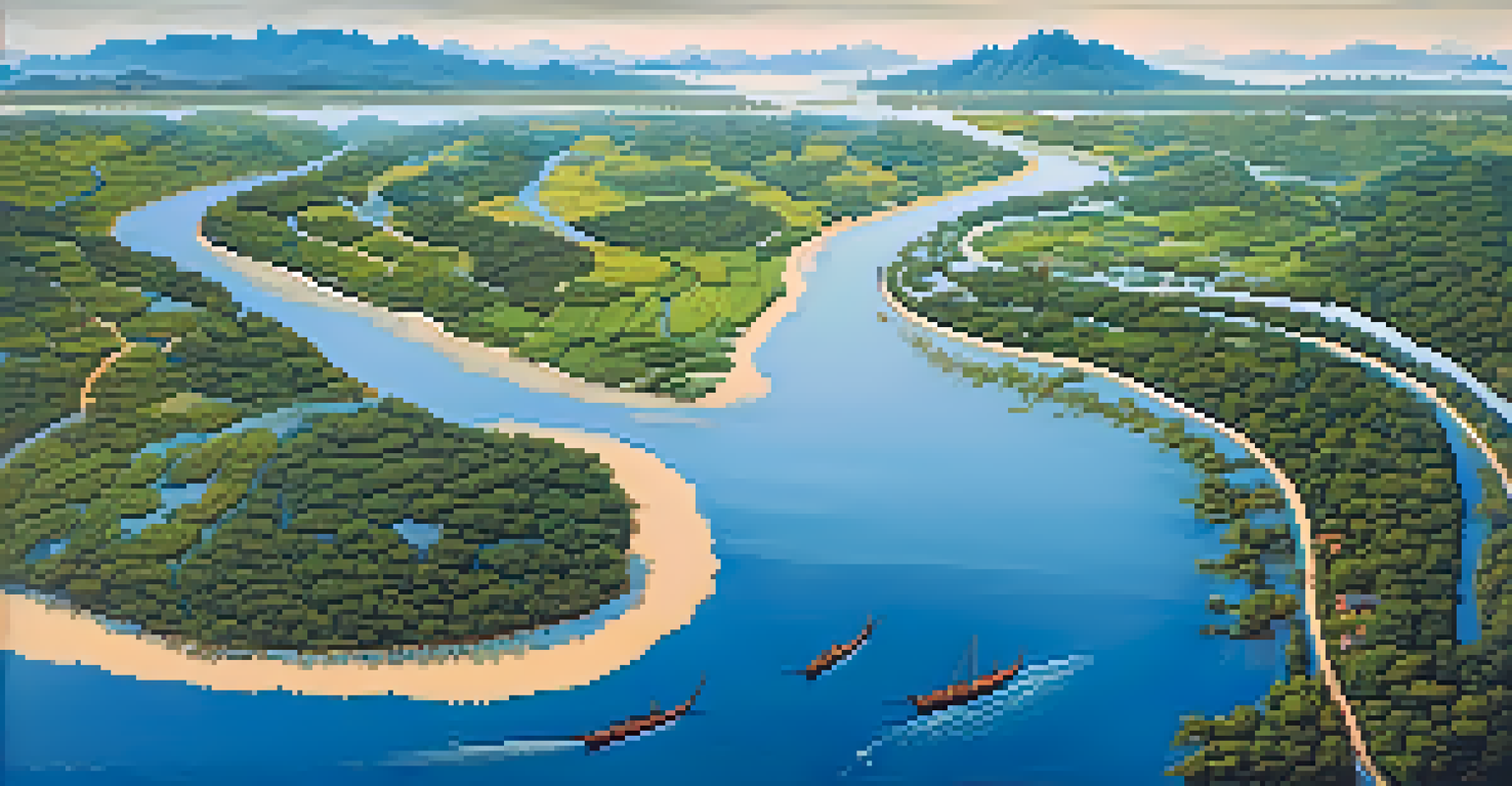 An aerial perspective of the Brahmaputra River, surrounded by tea gardens and Assamese villages, with wildlife visible along the banks.