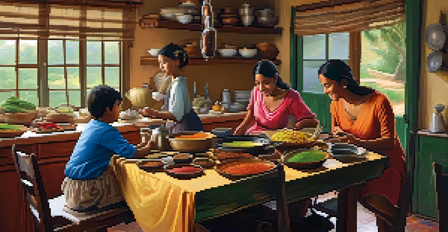 A cozy kitchen where a traveler and a local family are cooking together, surrounded by traditional cooking utensils and spices.