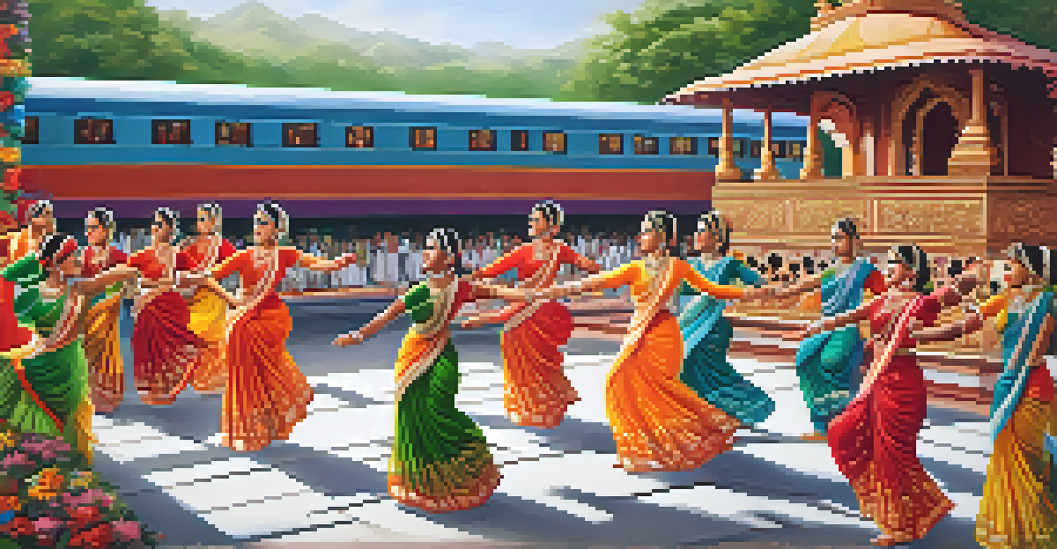 Dancers in traditional attire performing on a platform next to a luxury train.