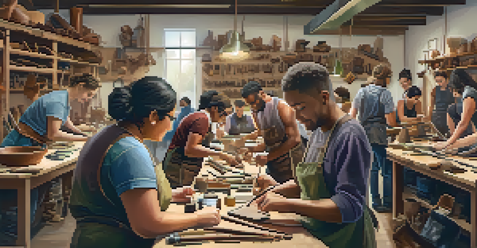 Participants collaborating in a leather crafting workshop, surrounded by tools and materials.