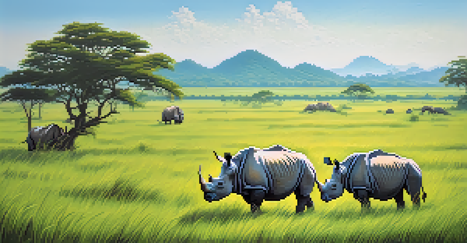 A one-horned rhinoceros grazing in Kaziranga National Park, with eco-tourists observing from a distance.