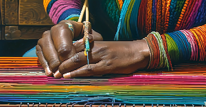 An artisan's hands weaving vibrant threads on a handloom, showcasing intricate patterns.