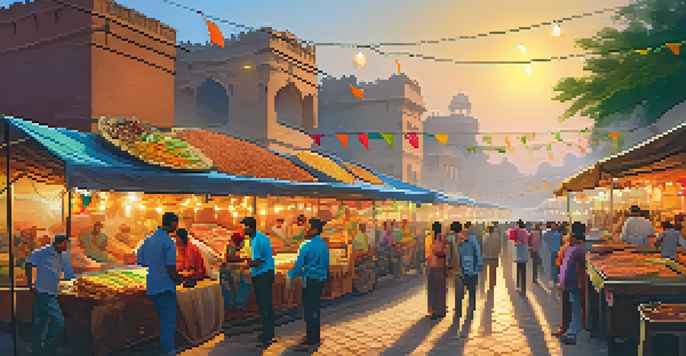 A busy street food market in Delhi filled with colorful stalls and people enjoying local delicacies.