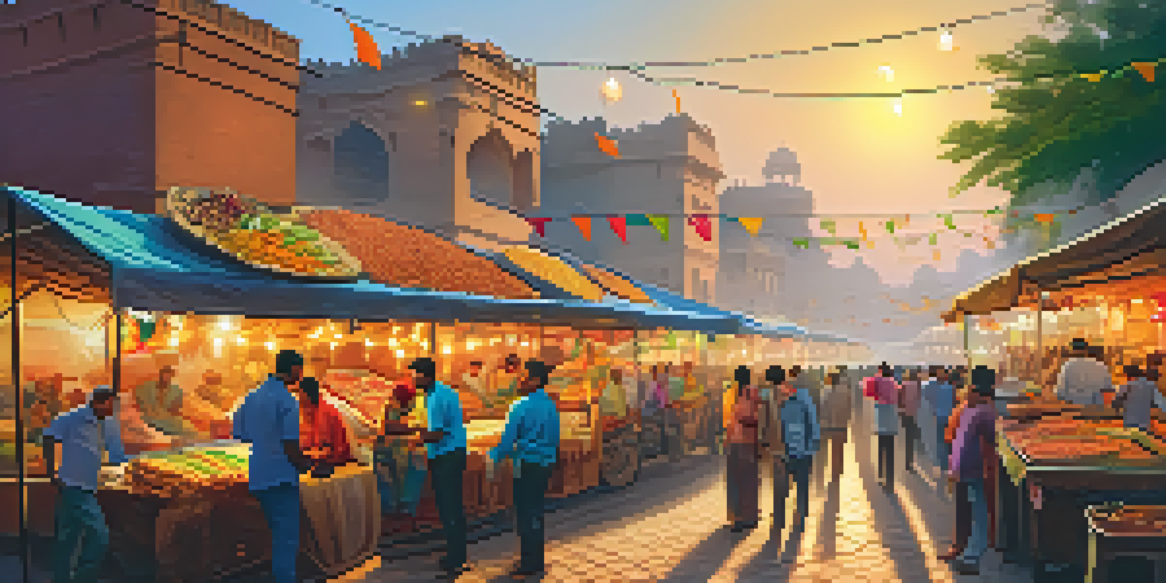 A busy street food market in Delhi filled with colorful stalls and people enjoying local delicacies.