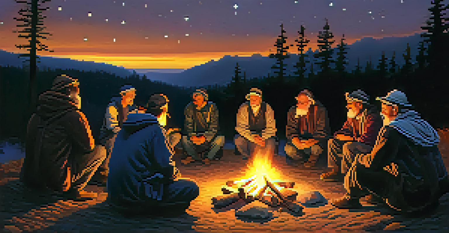 A group of pilgrims around a campfire at dusk, sharing stories with glowing firelight and starry sky.