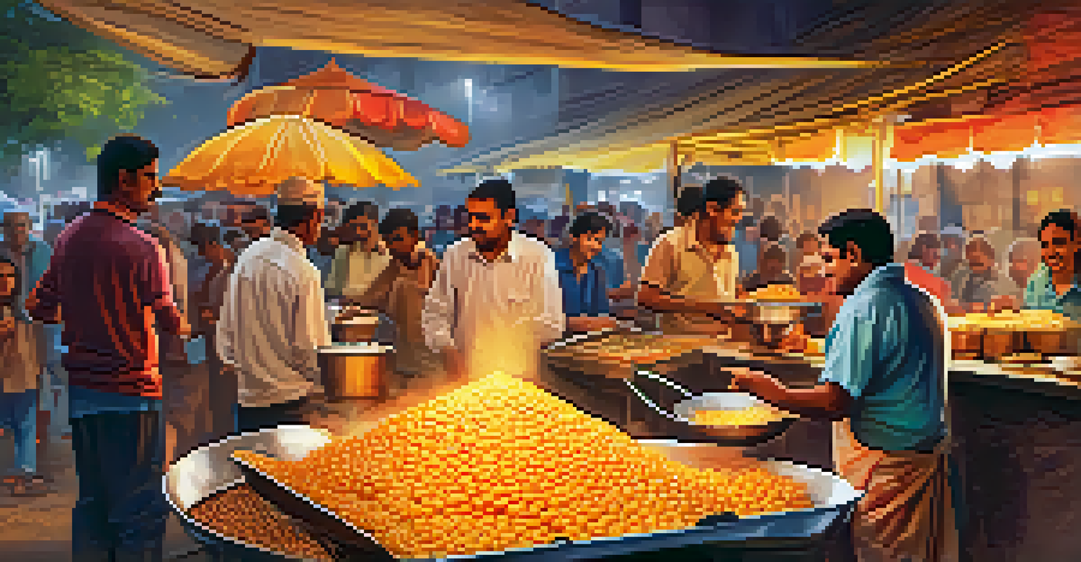A street food vendor in North India preparing golgappa, surrounded by colorful stalls and eager customers.