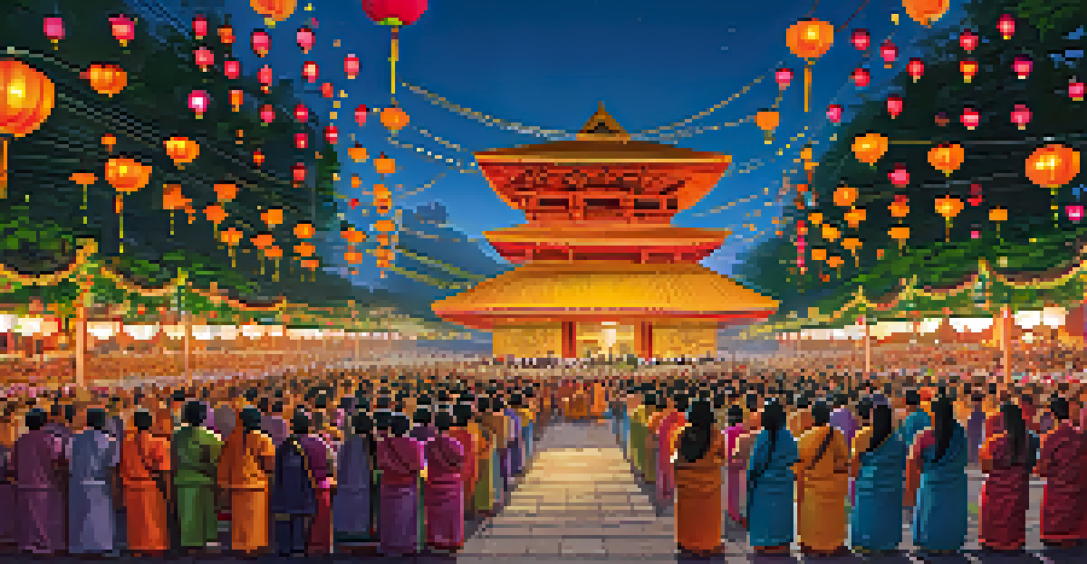 A lively temple festival scene with colorful decorations and devotees celebrating in traditional attire, illuminated by lanterns.