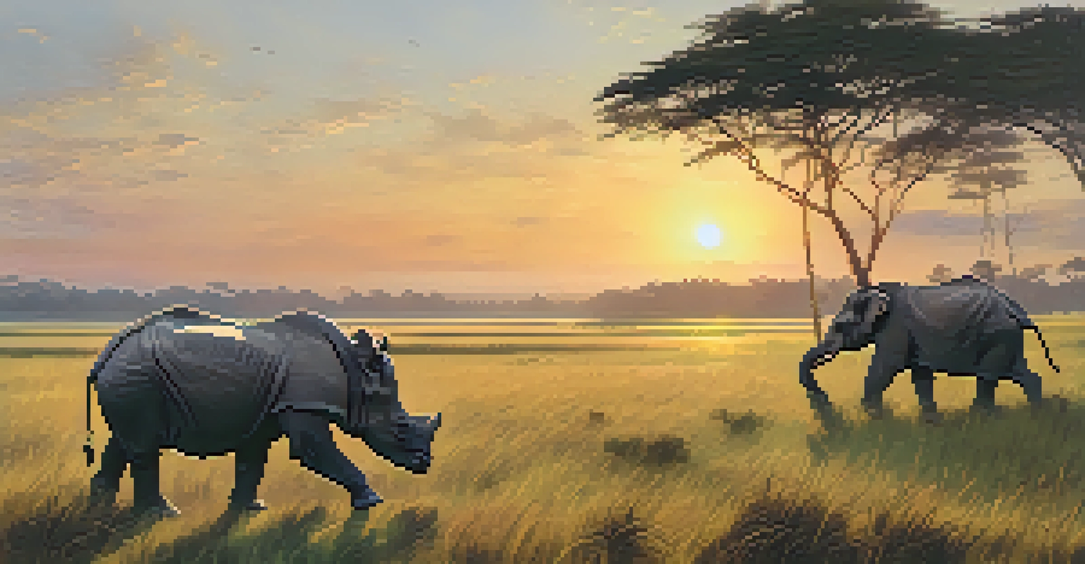 A scenic landscape of Kaziranga National Park with a one-horned rhinoceros grazing, set against a sunset sky.