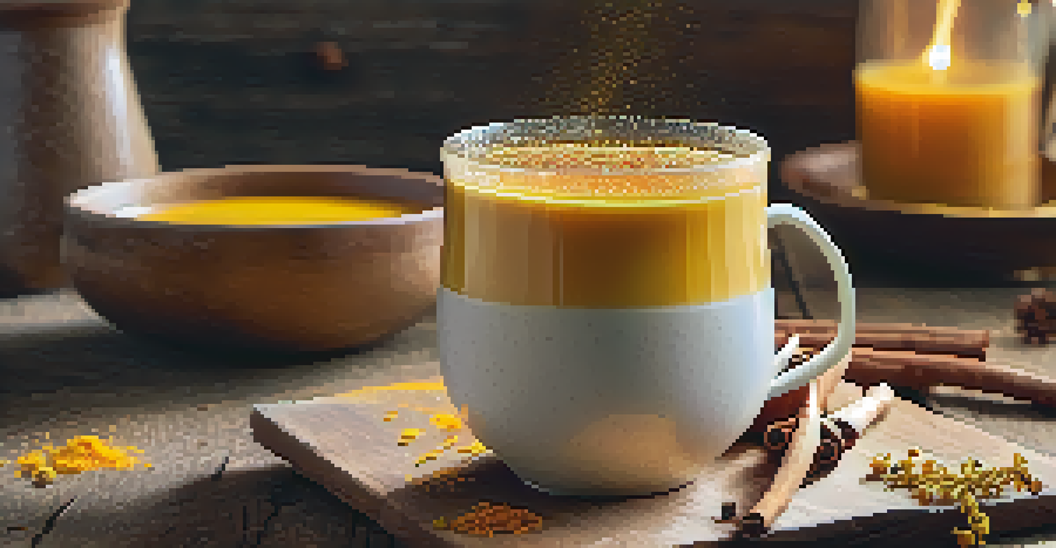 A close-up of a warm turmeric latte in a rustic mug, surrounded by turmeric roots and honey, with soft lighting.