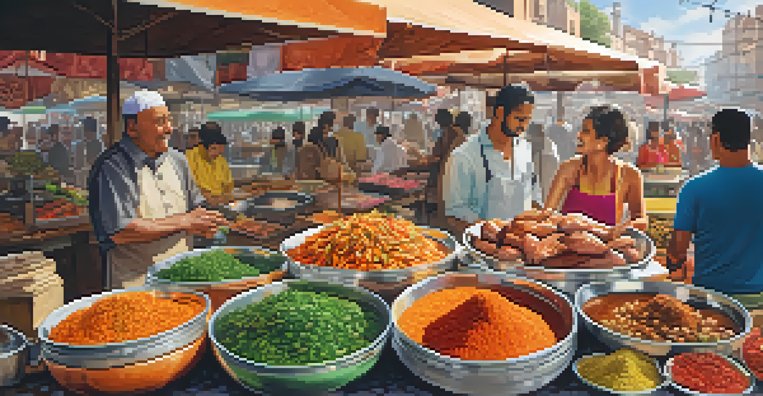 A lively street food market scene with colorful dishes, customers dining, and vendors preparing meals in a vibrant atmosphere.