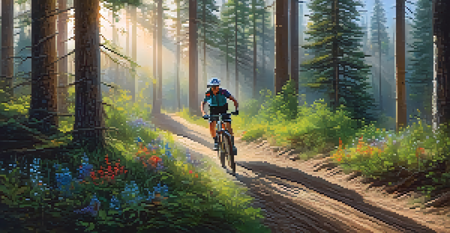 A mountain biker on a trail through a forest with sunlight filtering through trees.