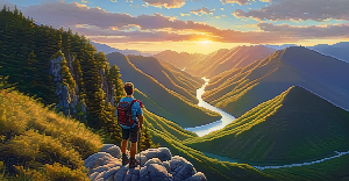 A hiker on a mountain peak with a valley below, illuminated by a sunset.