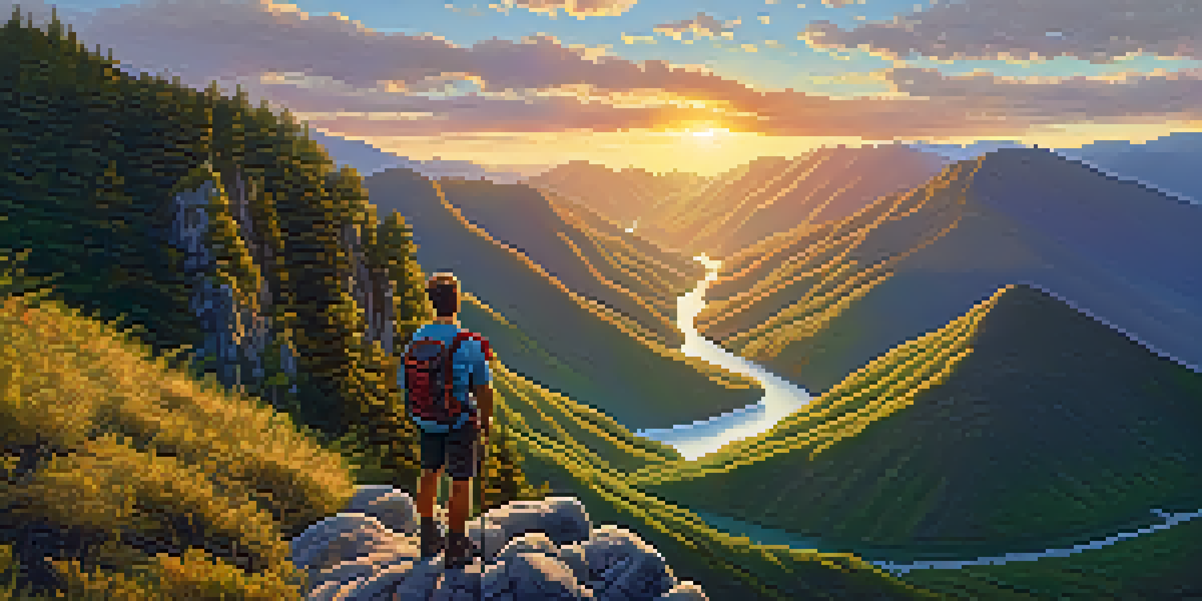 A hiker on a mountain peak with a valley below, illuminated by a sunset.