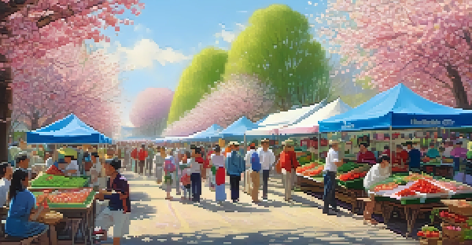 A lively spring festival with food stalls displaying fresh strawberries and asparagus, surrounded by blooming cherry blossom trees and people enjoying treats.