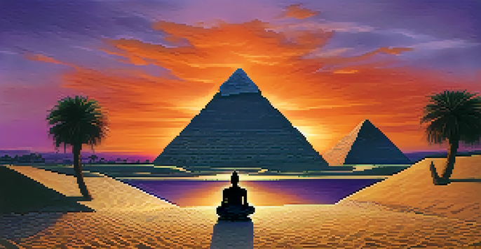 A silhouette of a person meditating in front of the Great Pyramid of Giza at sunset, with vibrant colors in the sky.