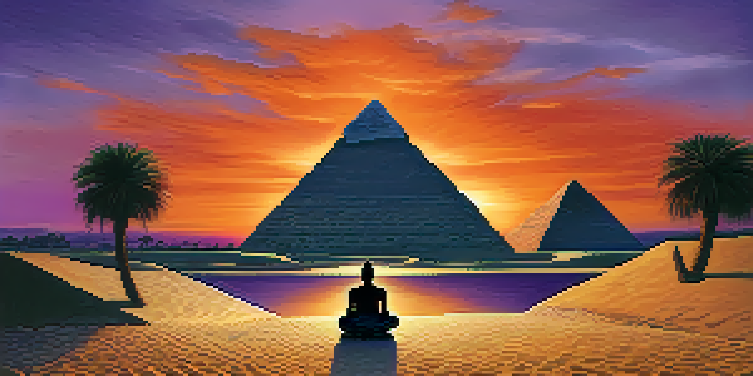 A silhouette of a person meditating in front of the Great Pyramid of Giza at sunset, with vibrant colors in the sky.