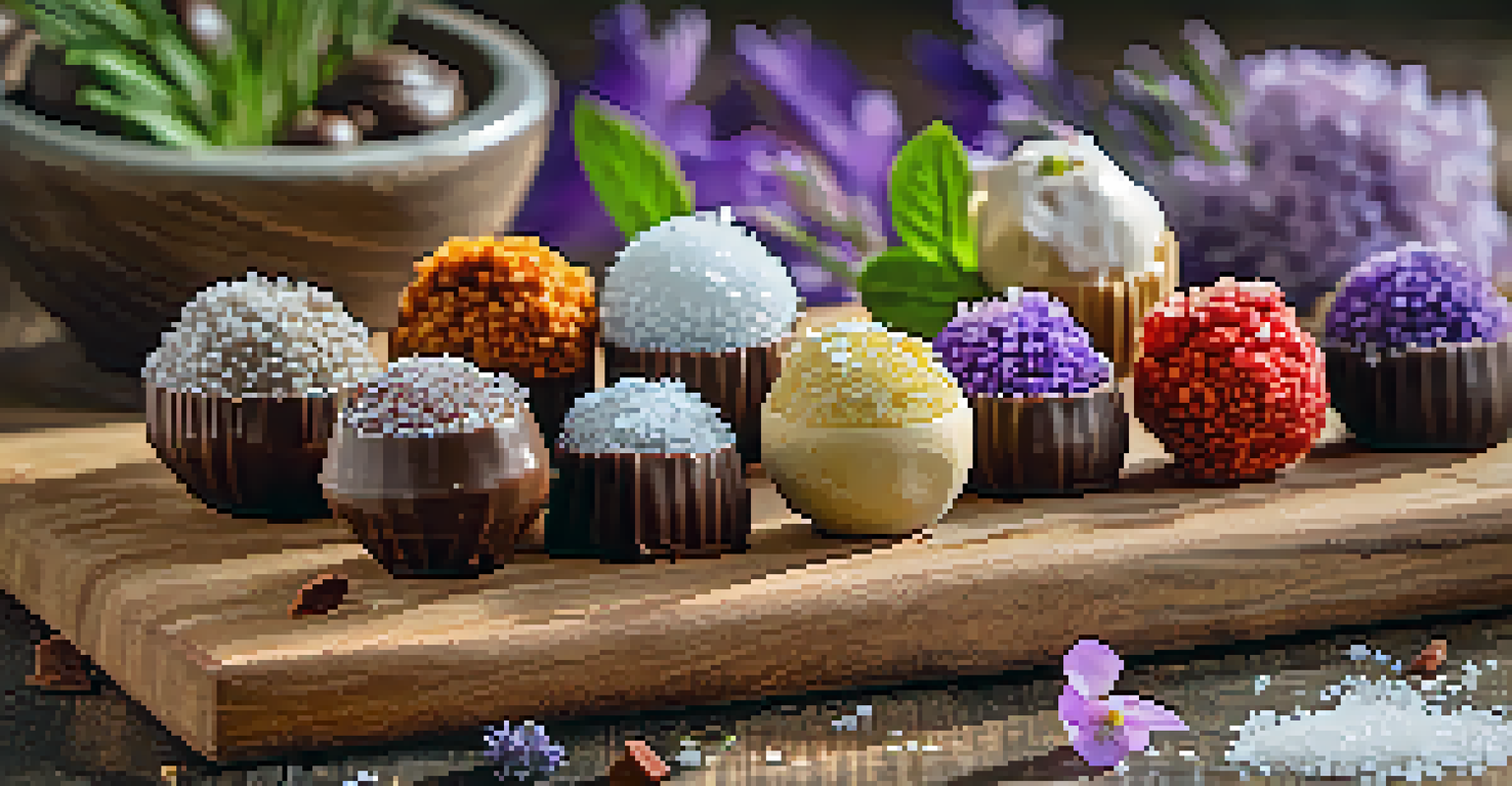 An assortment of artisan chocolate truffles on a wooden board, featuring different flavors and garnishes.