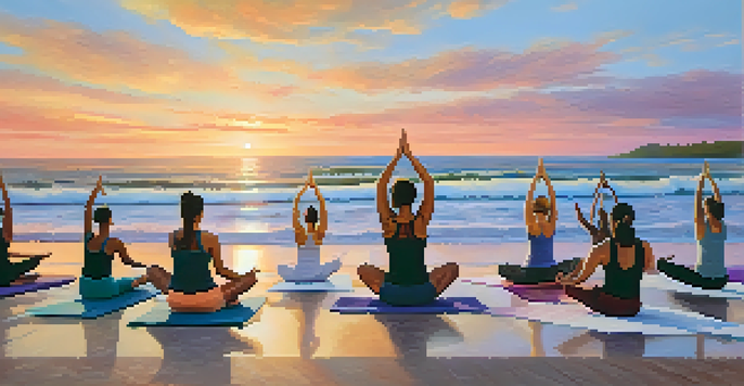 Yoga practitioners in various poses on a beach at sunrise, with gentle waves and a vibrant sky.