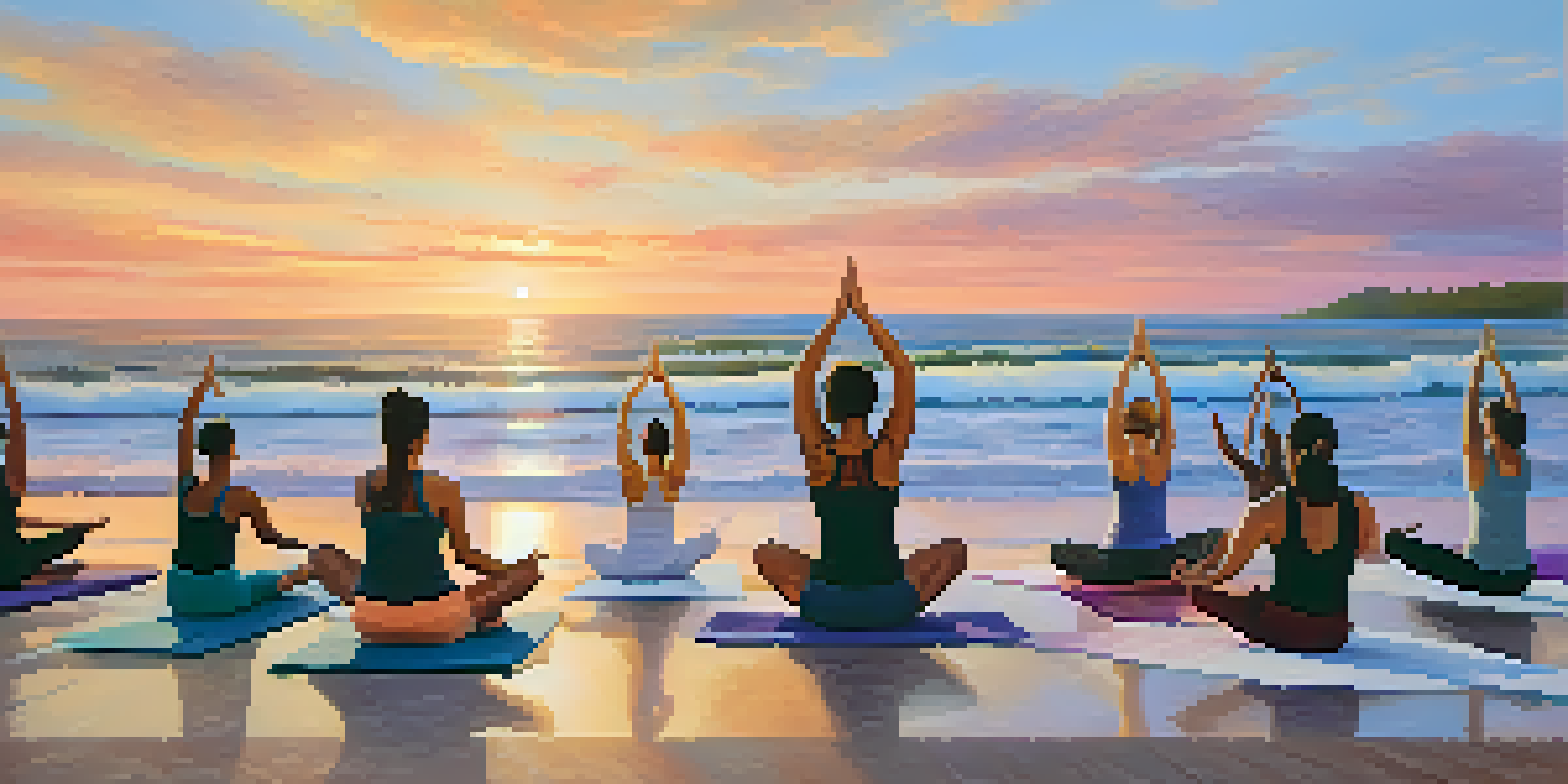 Yoga practitioners in various poses on a beach at sunrise, with gentle waves and a vibrant sky.