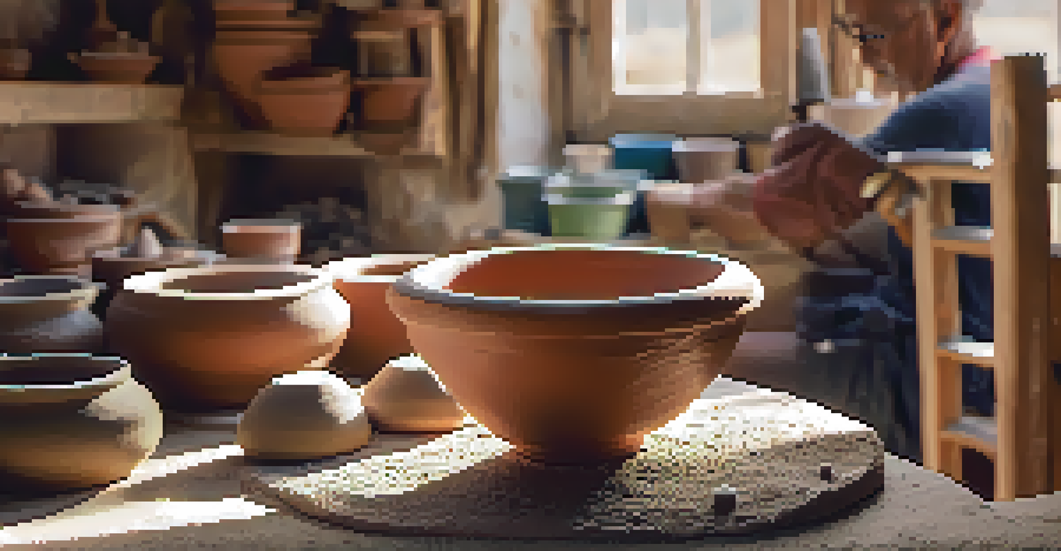 A local artisan crafting pottery in a sunlit workshop, surrounded by tools and colorful clay, showcasing their dedication.