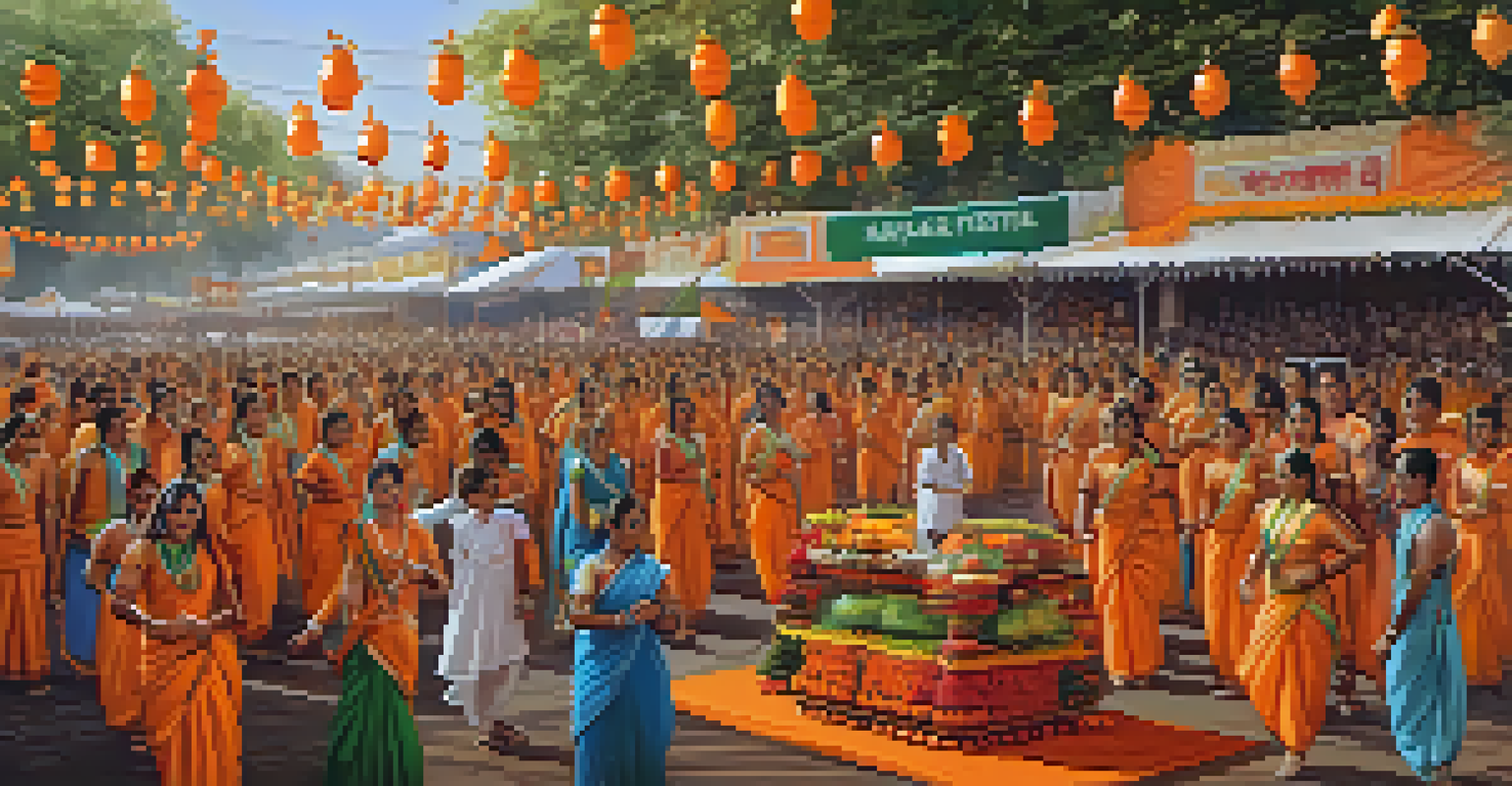 A vibrant scene from the Nagpur Orange Festival, featuring decorations, traditional dances, and stalls with orange products, with happy attendees.