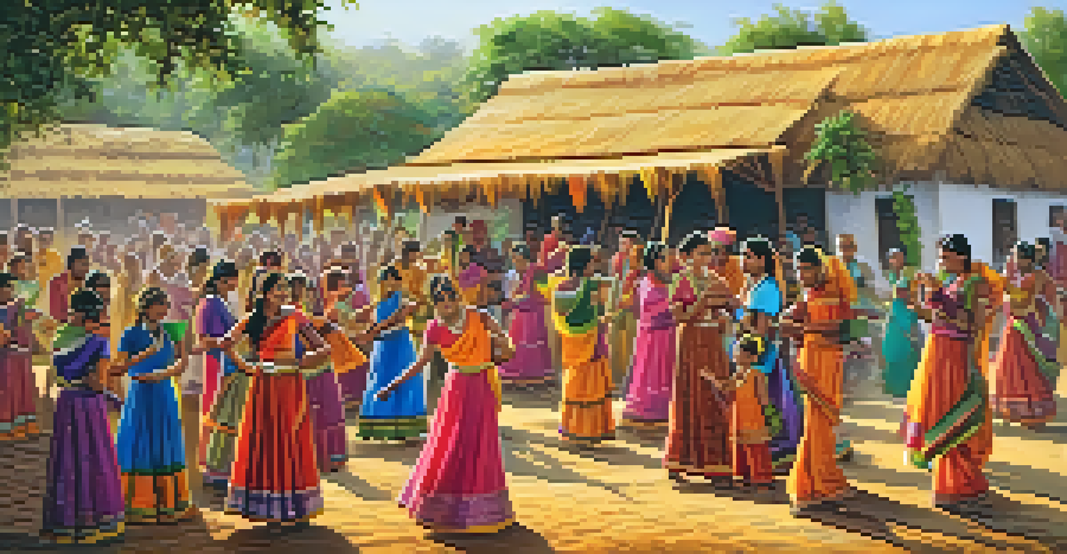 Community gathering in an Indian village with tourists and farmers enjoying traditional music, dance, and food amidst golden fields.
