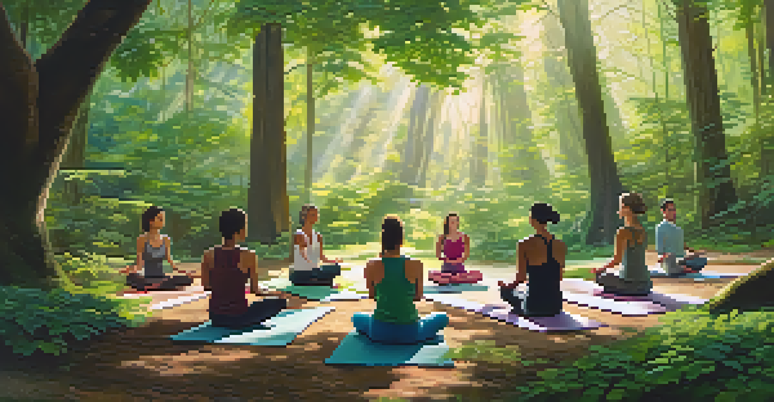 A group of diverse individuals practicing yoga in a serene forest setting.