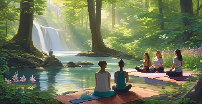 Participants meditating in a serene forest setting, surrounded by trees and flowers, with a stream flowing nearby.