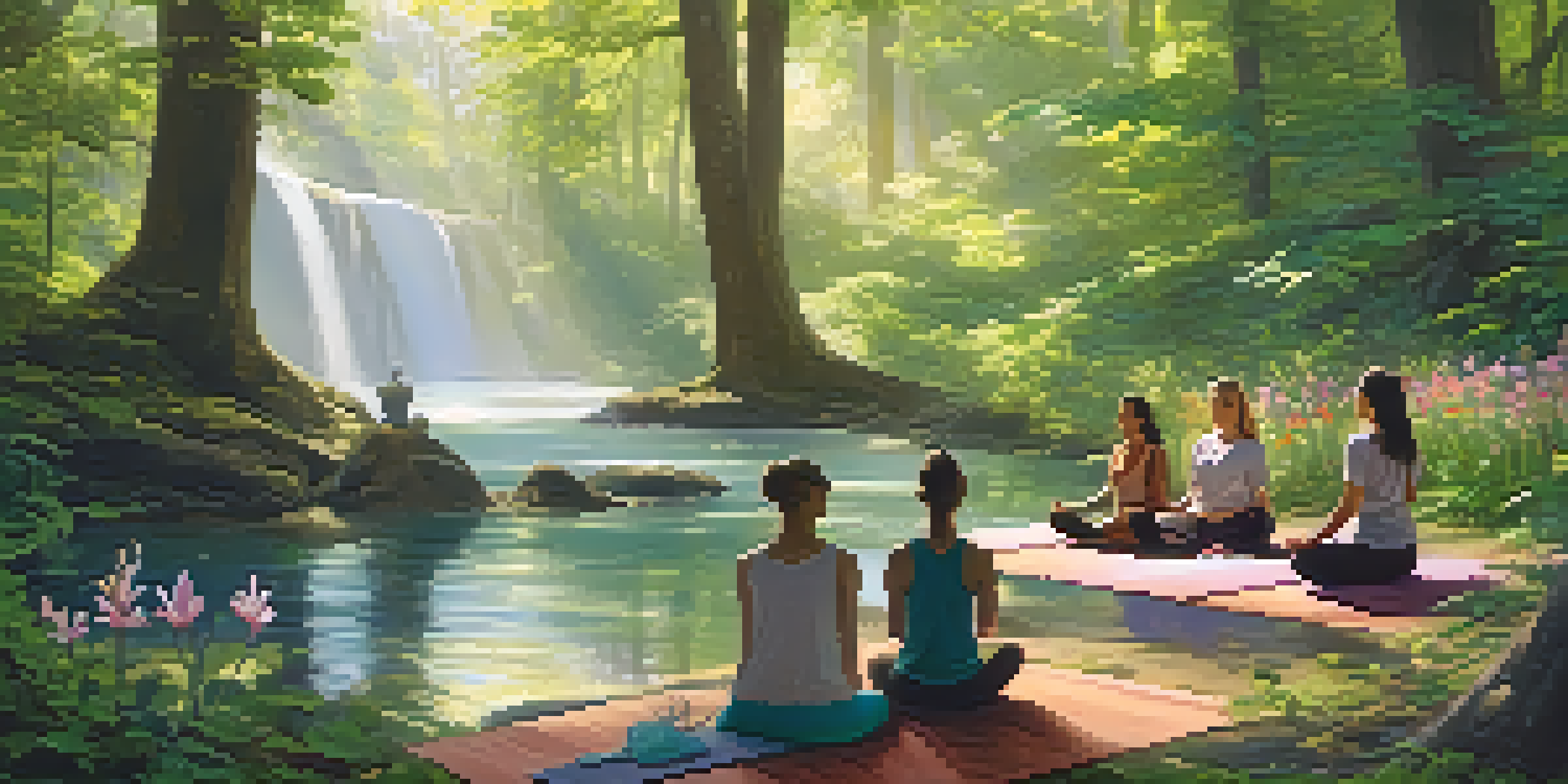 Participants meditating in a serene forest setting, surrounded by trees and flowers, with a stream flowing nearby.