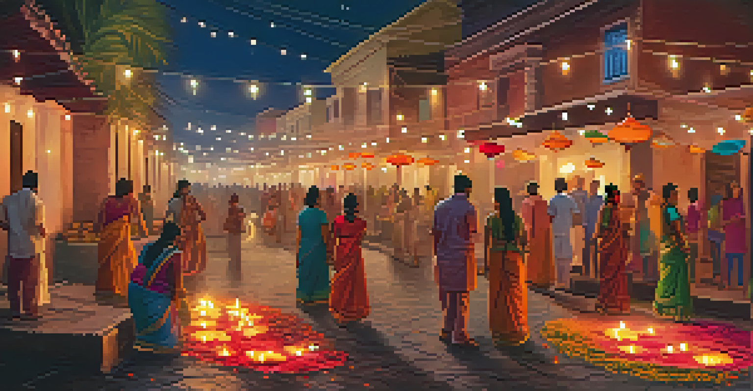 A festive Diwali street scene with oil lamps, rangoli designs, and fireworks in the night sky.