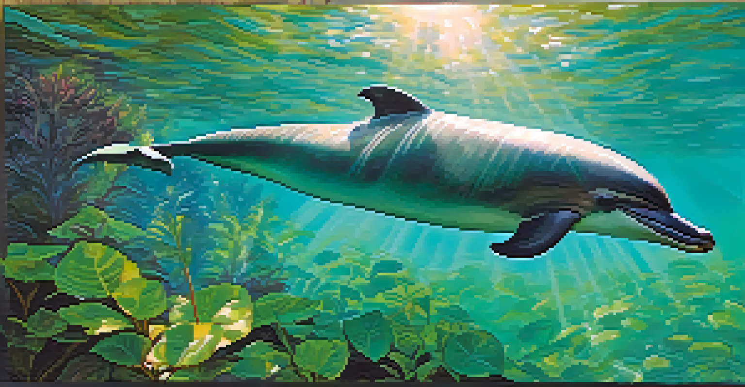 A Ganges river dolphin swimming in clear water, surrounded by greenery on the riverbank.