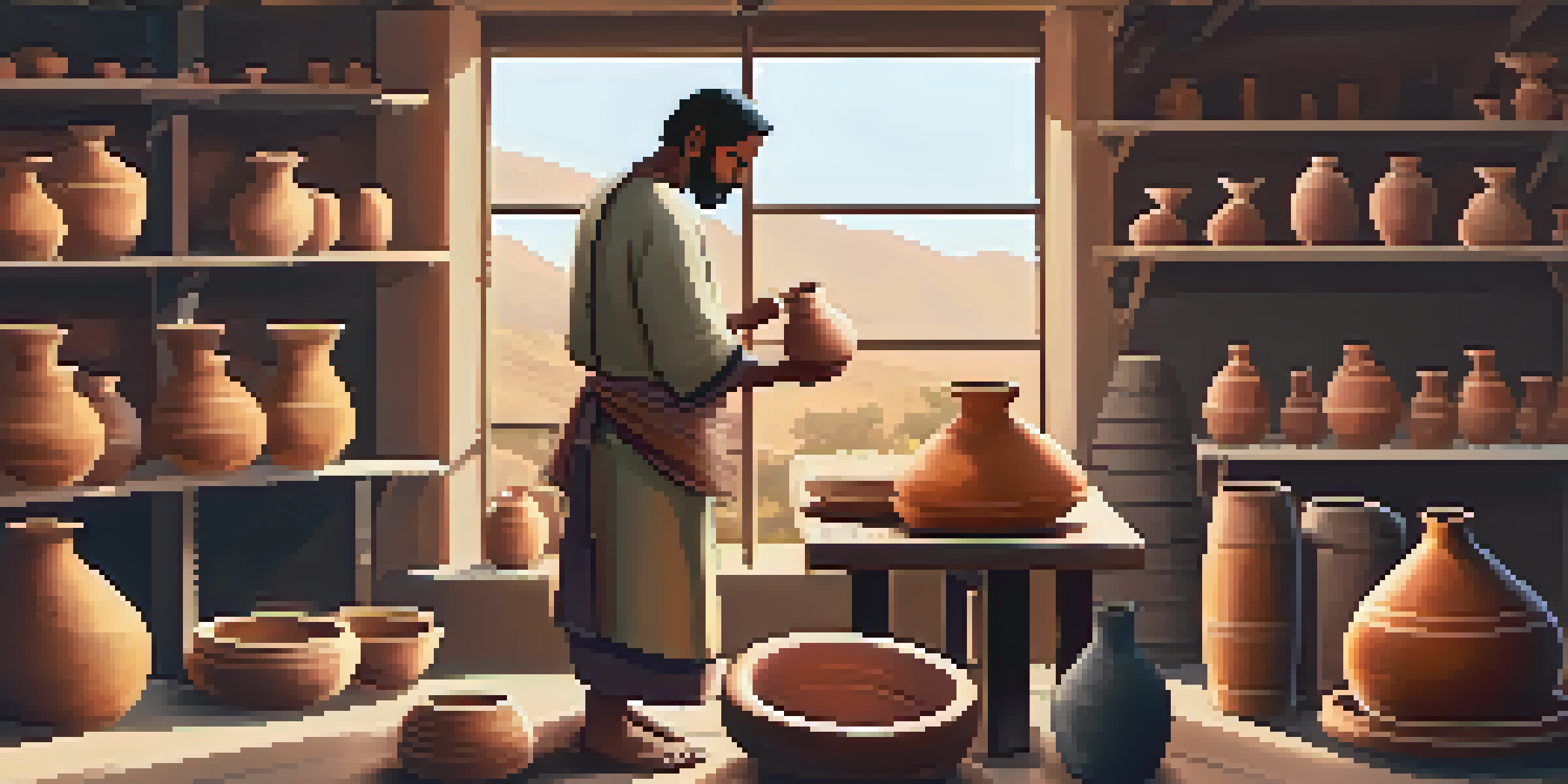 An artisan shaping clay on a potter's wheel in a bright pottery workshop, surrounded by colorful pottery and tools.