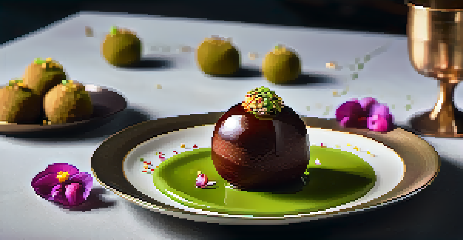 A gourmet presentation of gulab jamun with matcha sauce and edible flowers on a modern dining table.