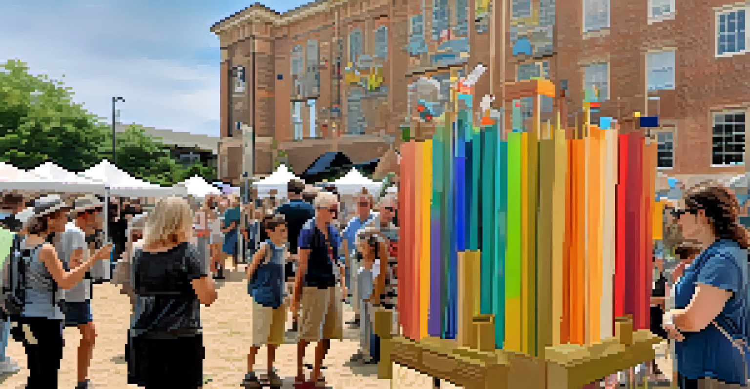 Attendees contributing to an interactive sculpture installation made of recycled materials at an art festival.