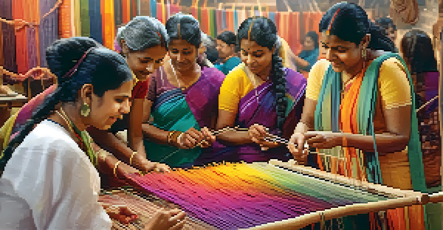 A workshop at an Indian craft fair, showcasing visitors learning to weave on traditional looms.