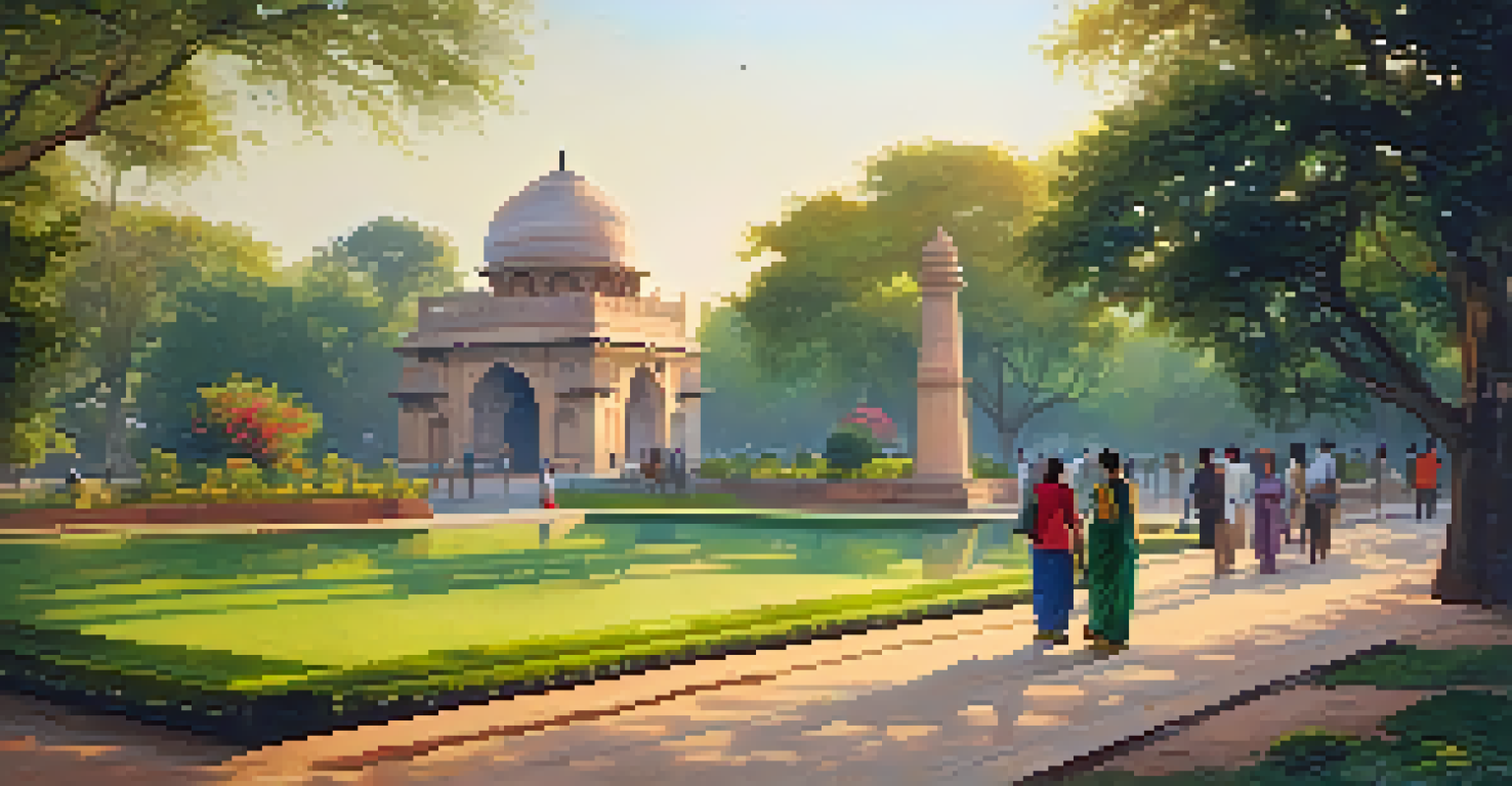 A peaceful scene in Lodhi Gardens, New Delhi, featuring lush greenery, historical monuments, and people enjoying the park during the golden hour.