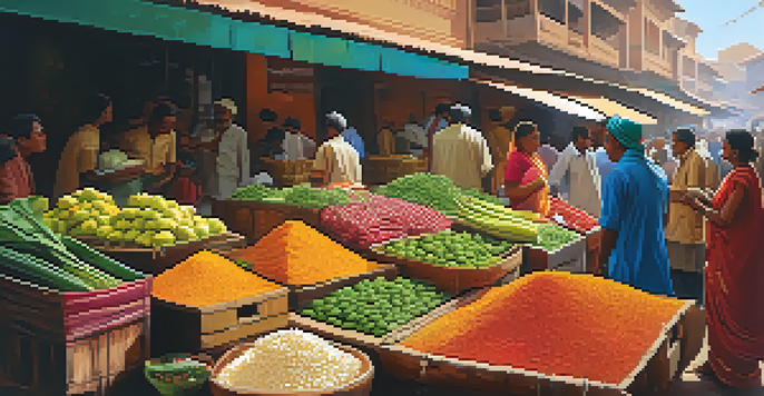 A bustling Indian market filled with colorful fruits, vegetables, and spices, with sunlight illuminating the scene.