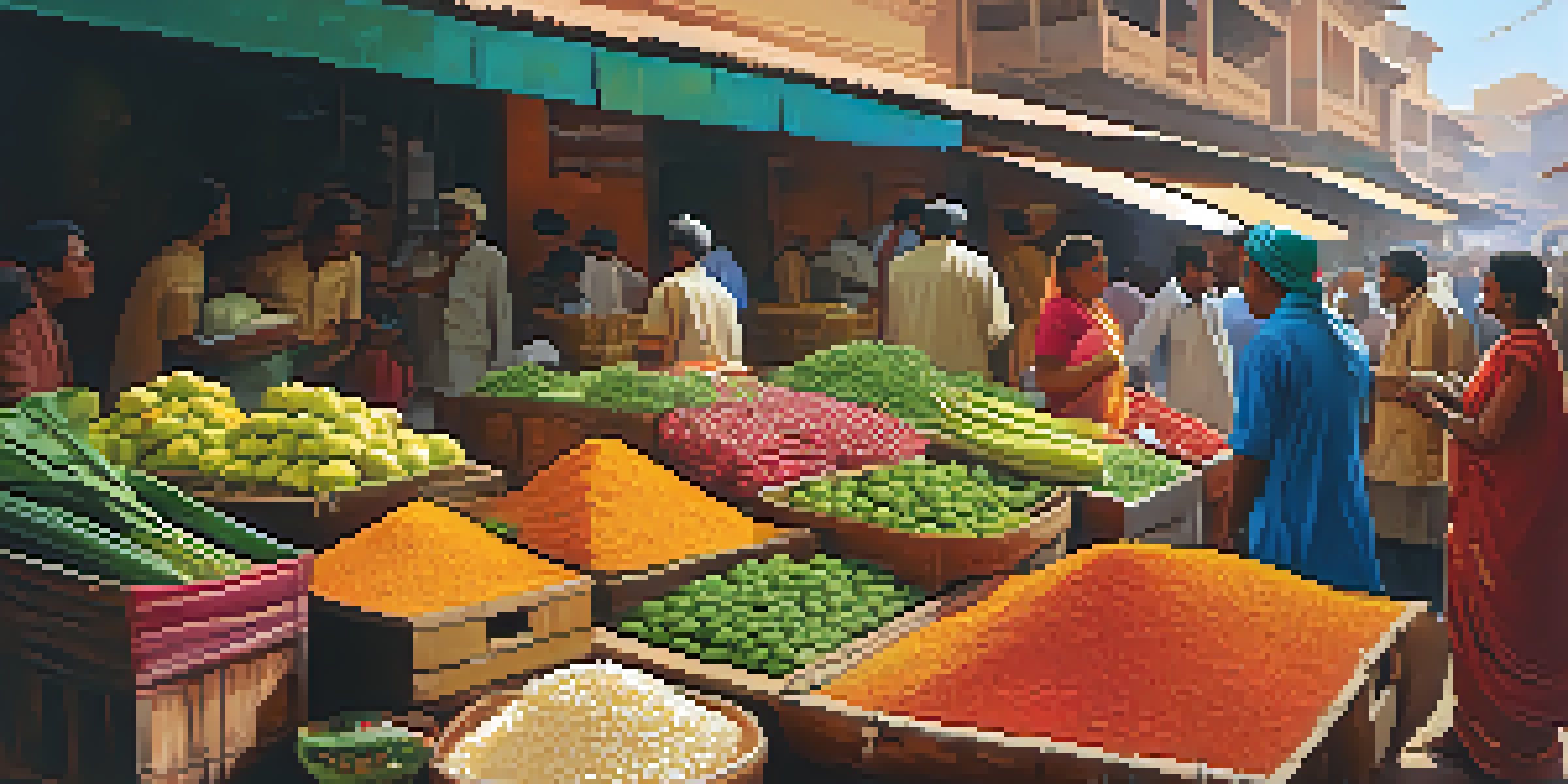 A bustling Indian market filled with colorful fruits, vegetables, and spices, with sunlight illuminating the scene.