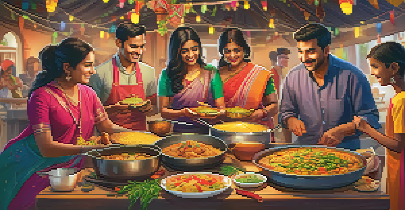 Families participating in a cooking workshop at a food festival, working together to prepare traditional Indian dishes in a colorful setting.