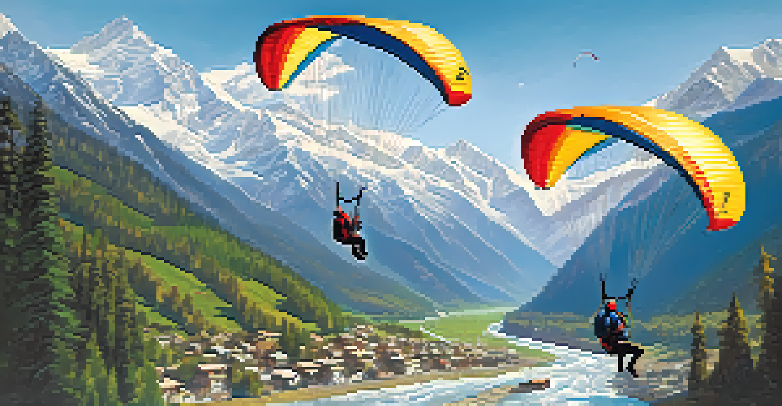 A group of paragliders soaring over the Himalayan landscape near Manali, with lush valleys and mountains.